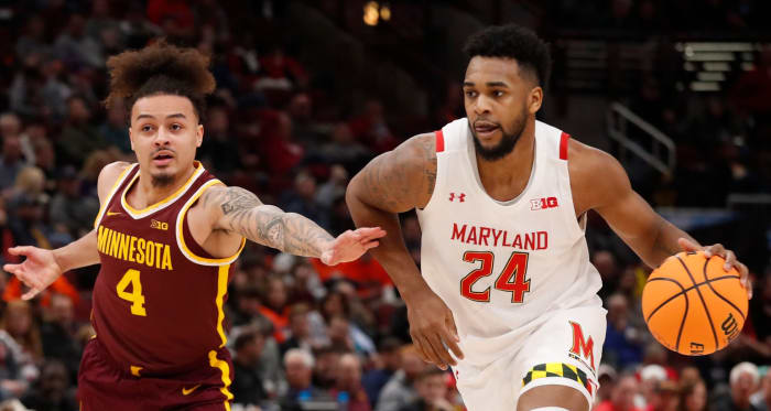 Minnesota Golden Gophers guard Braeden Carrington (4) defends Maryland Terrapins forward Donta Scott (24) during the Big Ten Men s Basketball Tournament game, Thursday, March 9, 2023, at United Center in Chicago. Maryland Terrapins won 70-54.